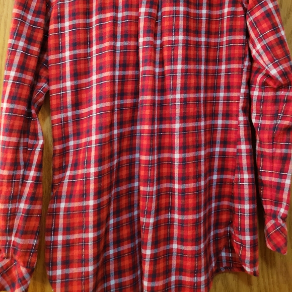 Cute red plaid flannel shirt with silver metallic threads throughout. Like new - Picture 7 of 8